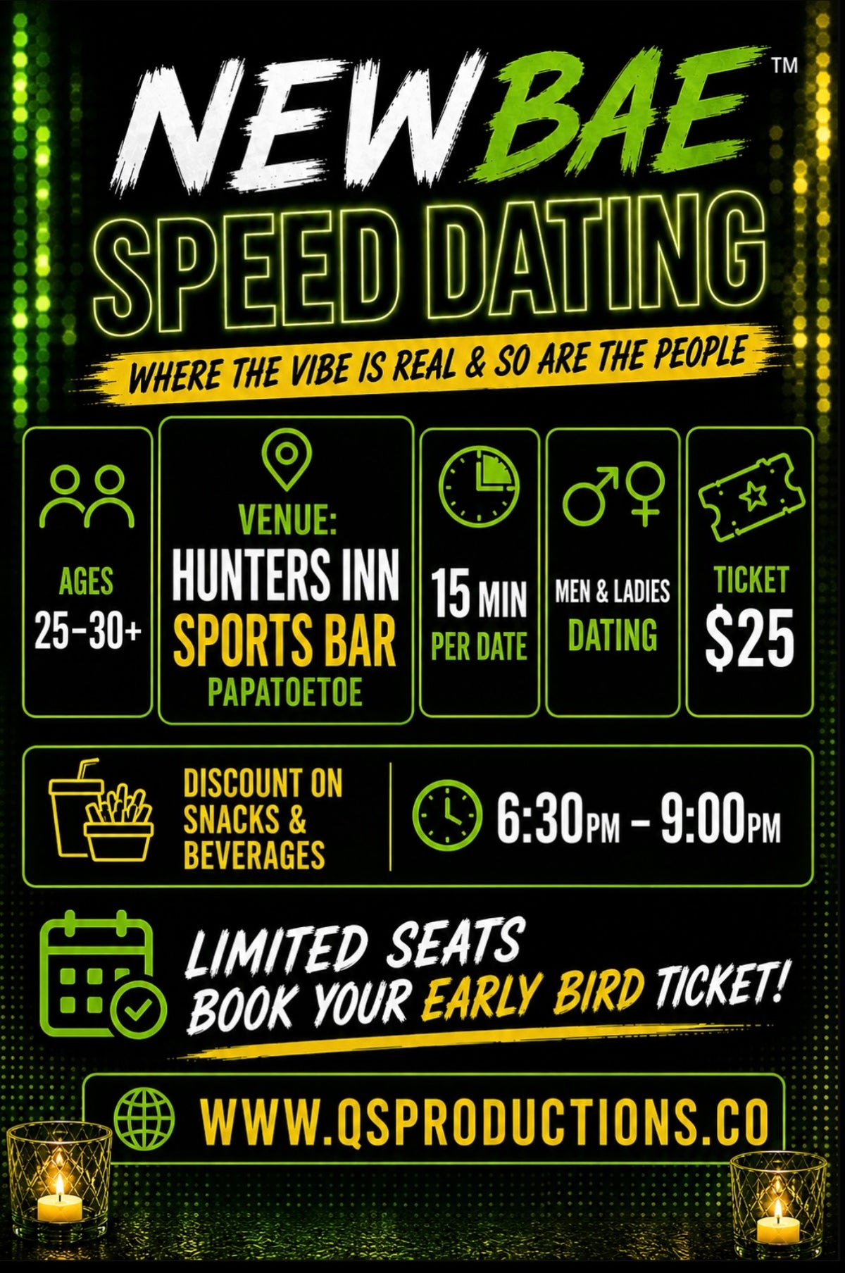 SPEED DATING - MALE TICKET 25-30+ yrs       GARDEN BAR ( HUNTERS INN PAPATOETOE) - QS PRODUCTIONS